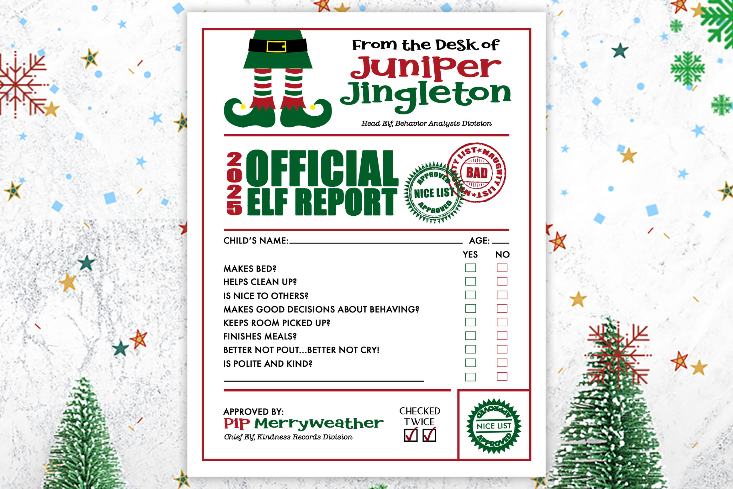 Elf Report Card printable