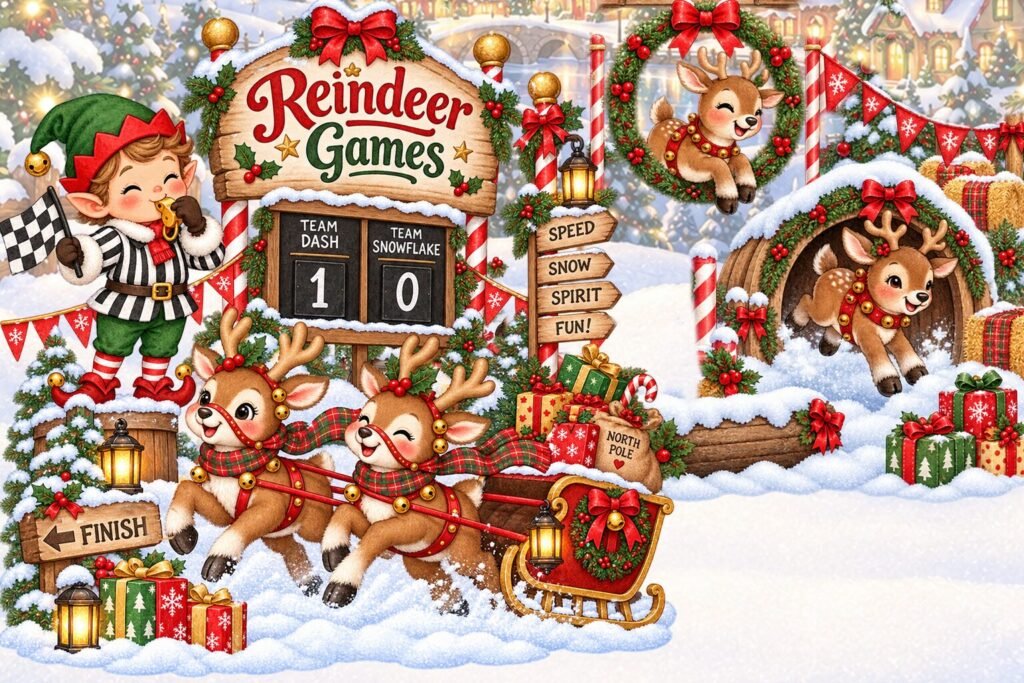 Referee elf with a checkered flag beside the Reindeer Games scoreboard, Team Dash 1, Team Snowflake 0, as reindeer pull a sleigh.