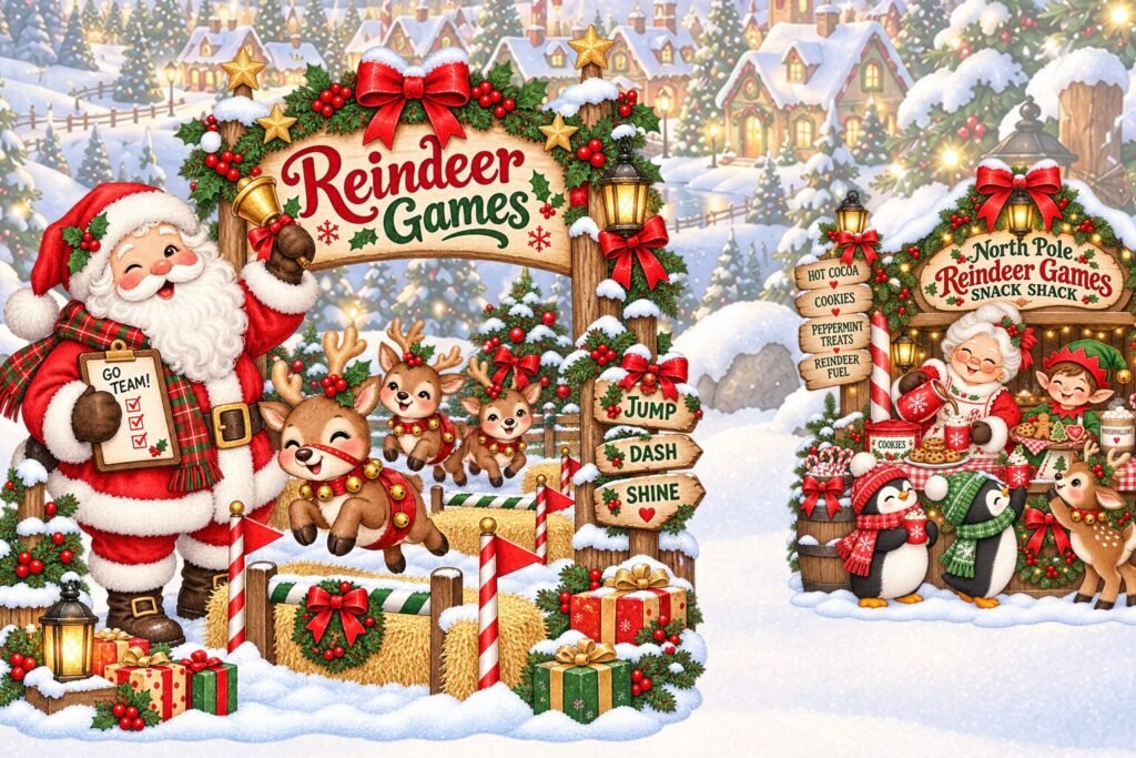 Santa rings the bell under the Reindeer Games arch as junior reindeer leap hay-bale hurdles, with Mrs. Claus’ Snack Shack nearby.